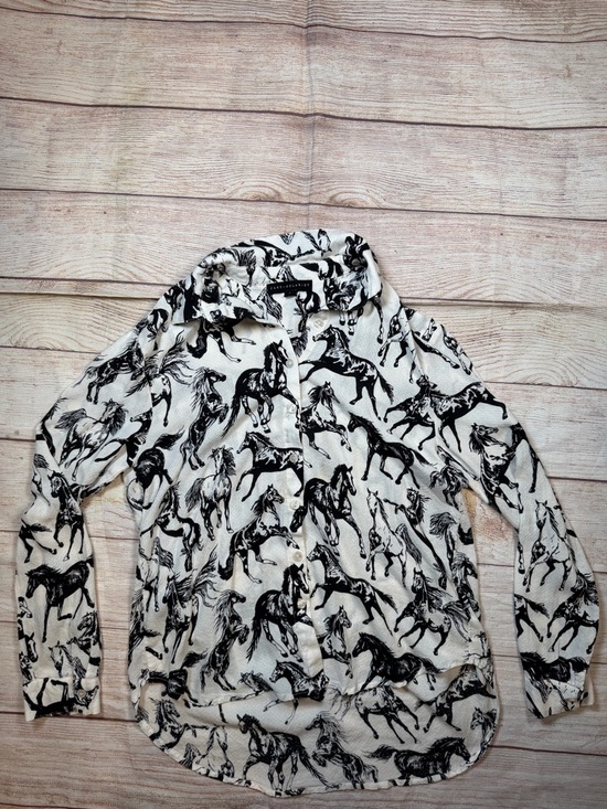 Jane and Delancey Tops - Black & White Horse Print Equestrian, Old Money Button-Up Blouse